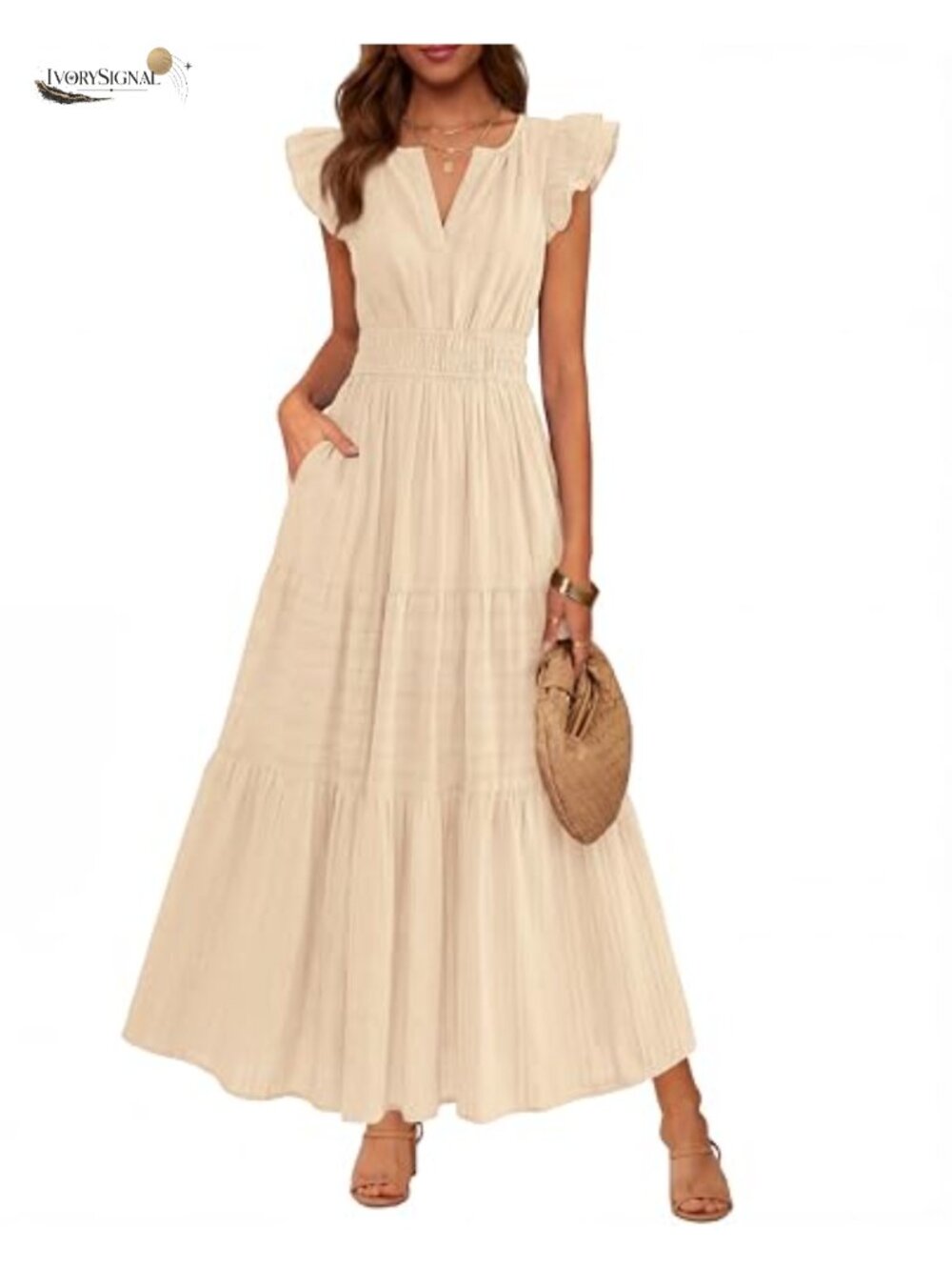 Women's Cotton Maxi Dress Ruffle Sleeve V Neck A Line Casual Sundress